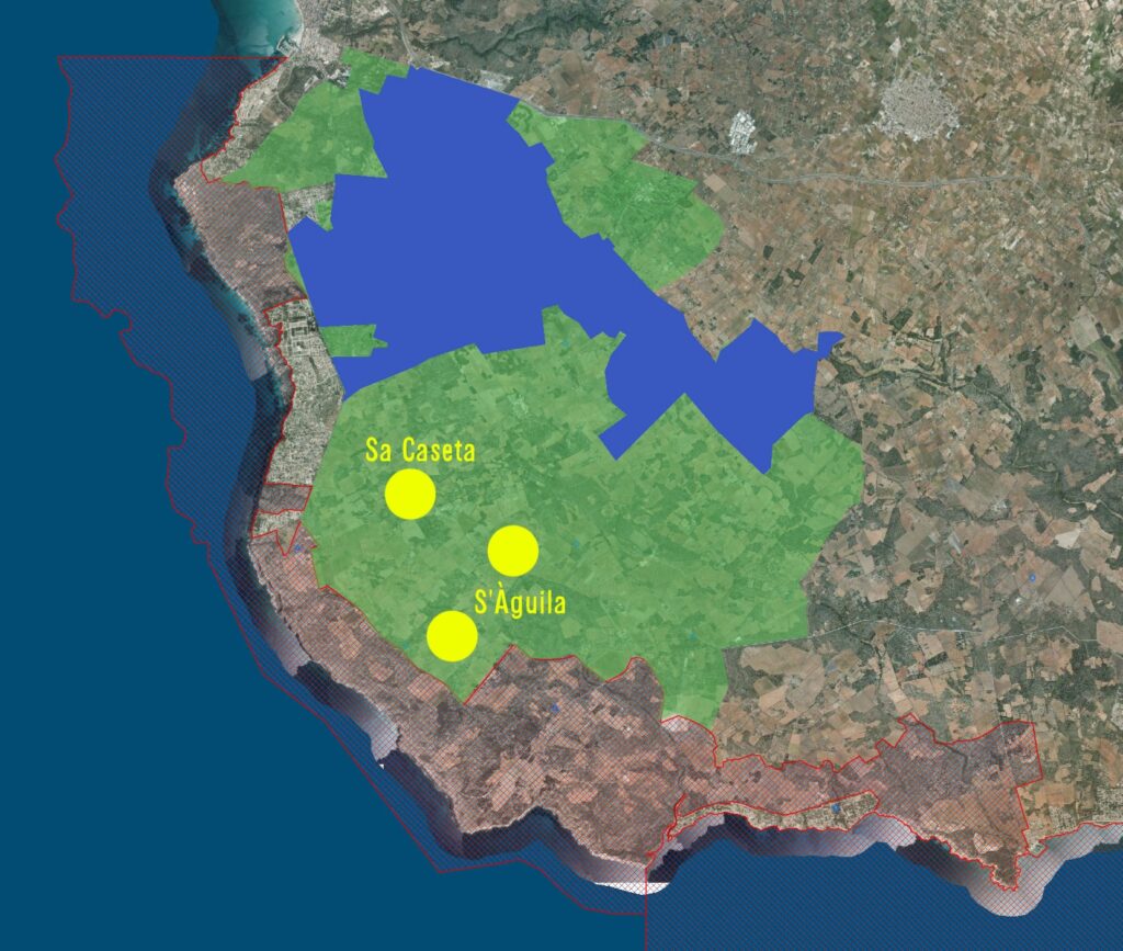 En tramat vermell, zona actualment protegida (LIC-ZEPA). En verd, la proposta d'ampliació de la ZEPA plantejada pel GOB. En blau, la proposta d'ampliació que tramita Medi Ambient. En groc, els dos projectes de parcs fotovoltaics