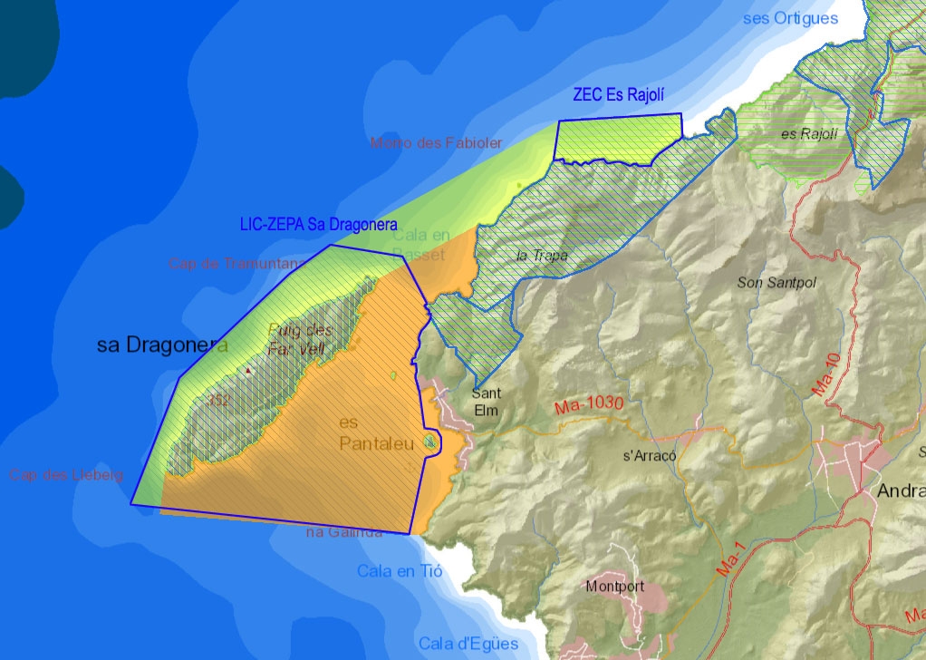 En taronja, l'actual Reserva Marina d'Es Freu de Sa Dragonera. En groc, la nostra proposta de nova reserva marina en aigües exteriors.